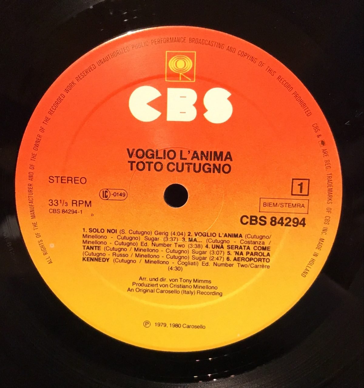 Toto Cutugno ‎– Voglio L'Anima LP Plak - Görsel 3