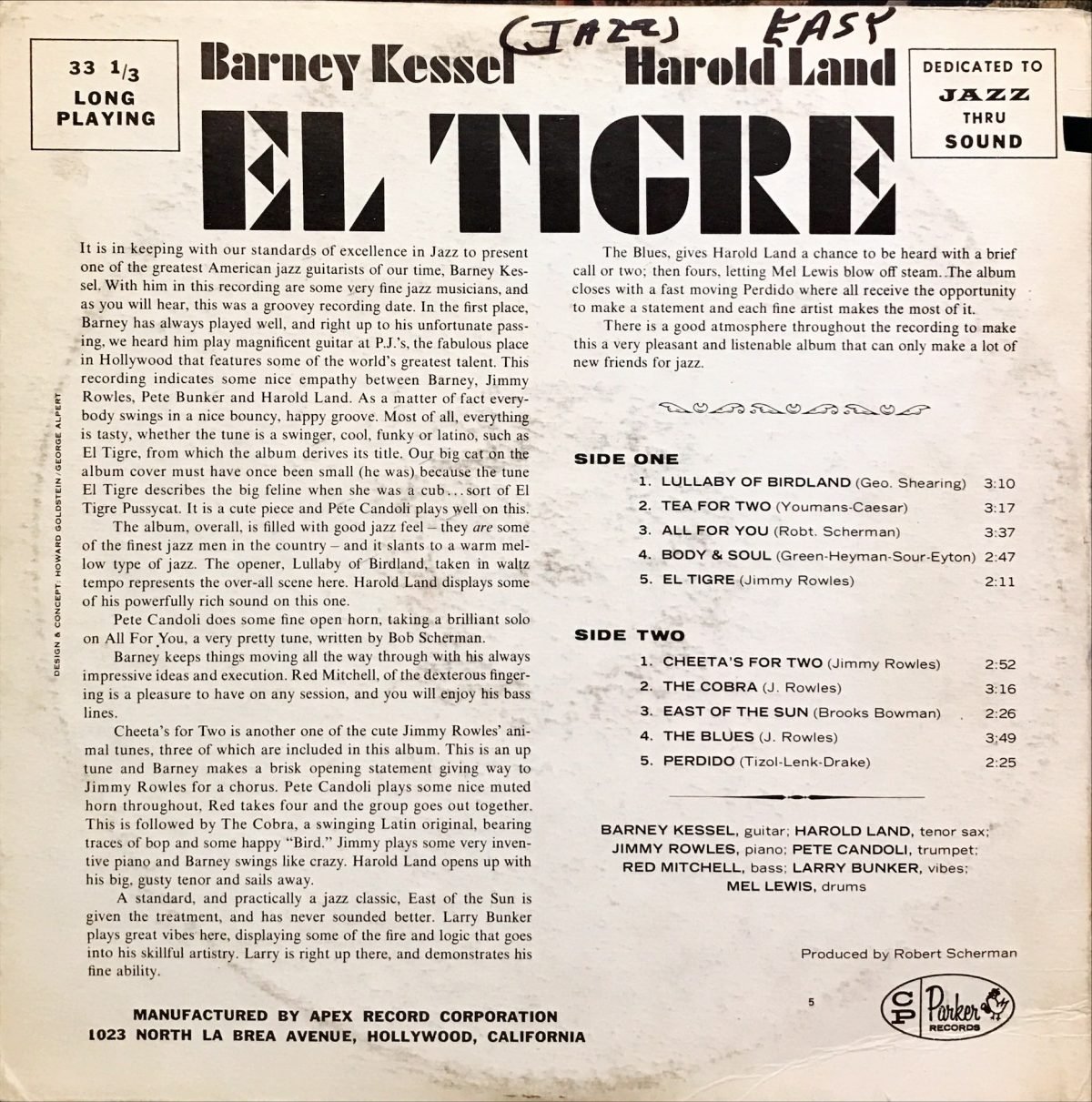 Barney Kessel / Harold Land ‎– El Tigre LP Plak - Görsel 2