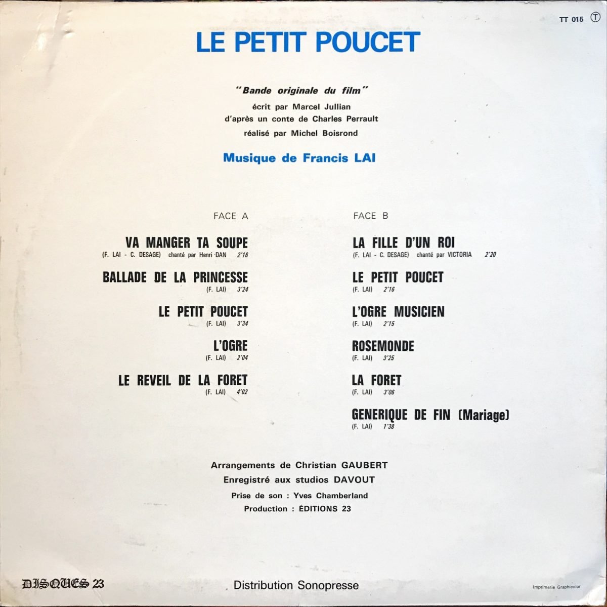 Francis Lai ‎– Le Petit Poucet (Bande Originale Du Film) LP Plak - Görsel 2