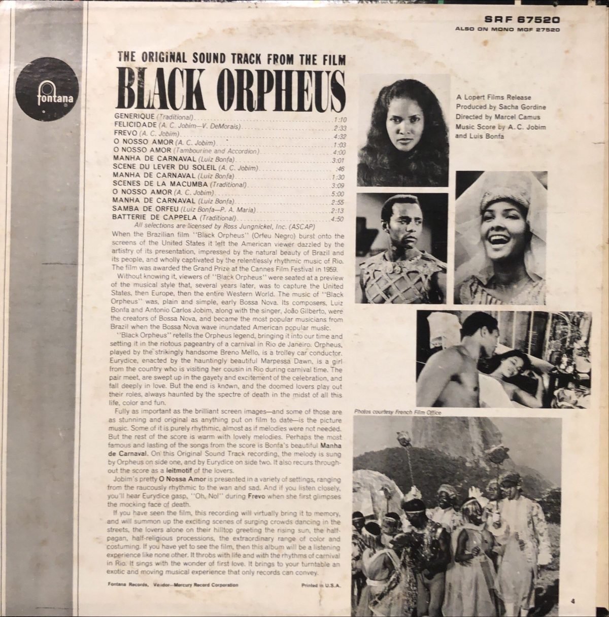 Antonio Carlos Jobim, Luiz Bonfá ‎– The Original Soundtrack From The Film Black Orpheus LP Plak - Görsel 3