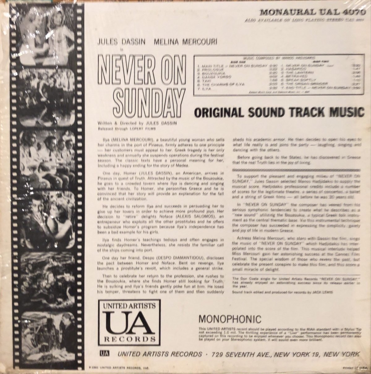 Manos Hadjidakis ‎– Never On Sunday (Original Sound Track Music) - LP Plak - Görsel 2