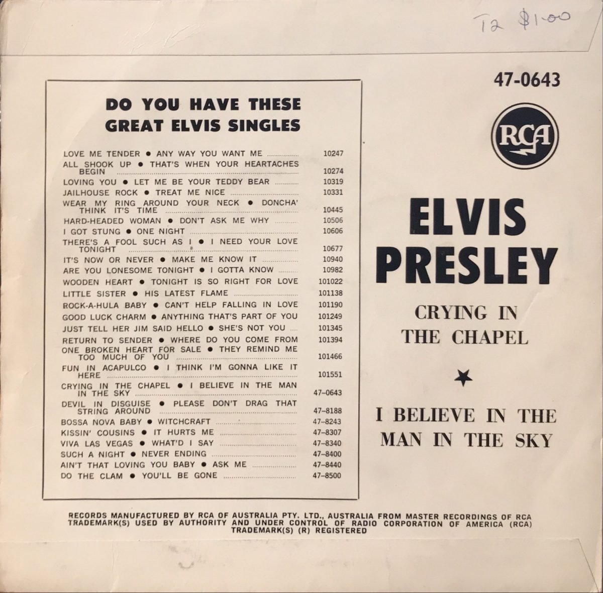 Elvis Presley ‎– Crying In The Chapel / I Believe In The Man In The Sky 45lik Plak - Görsel 2