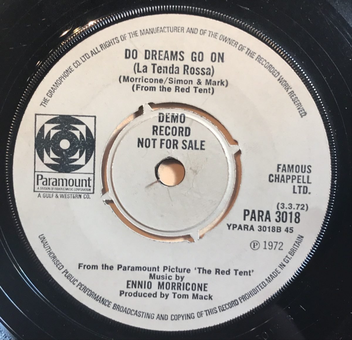 Ennio Morricone ‎– Love Theme From 'The Red Tent' 45lik Plak Promo - Görsel 2