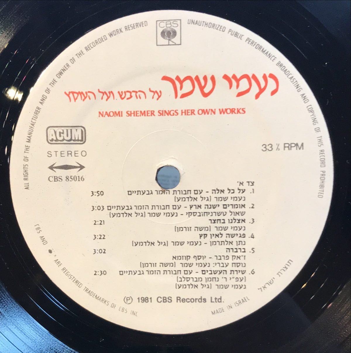 נעמי שמר ‎– על הדבש ועל העוקץ (Naomi Shemer Sings Her Own Works) LP Plak - Görsel 3