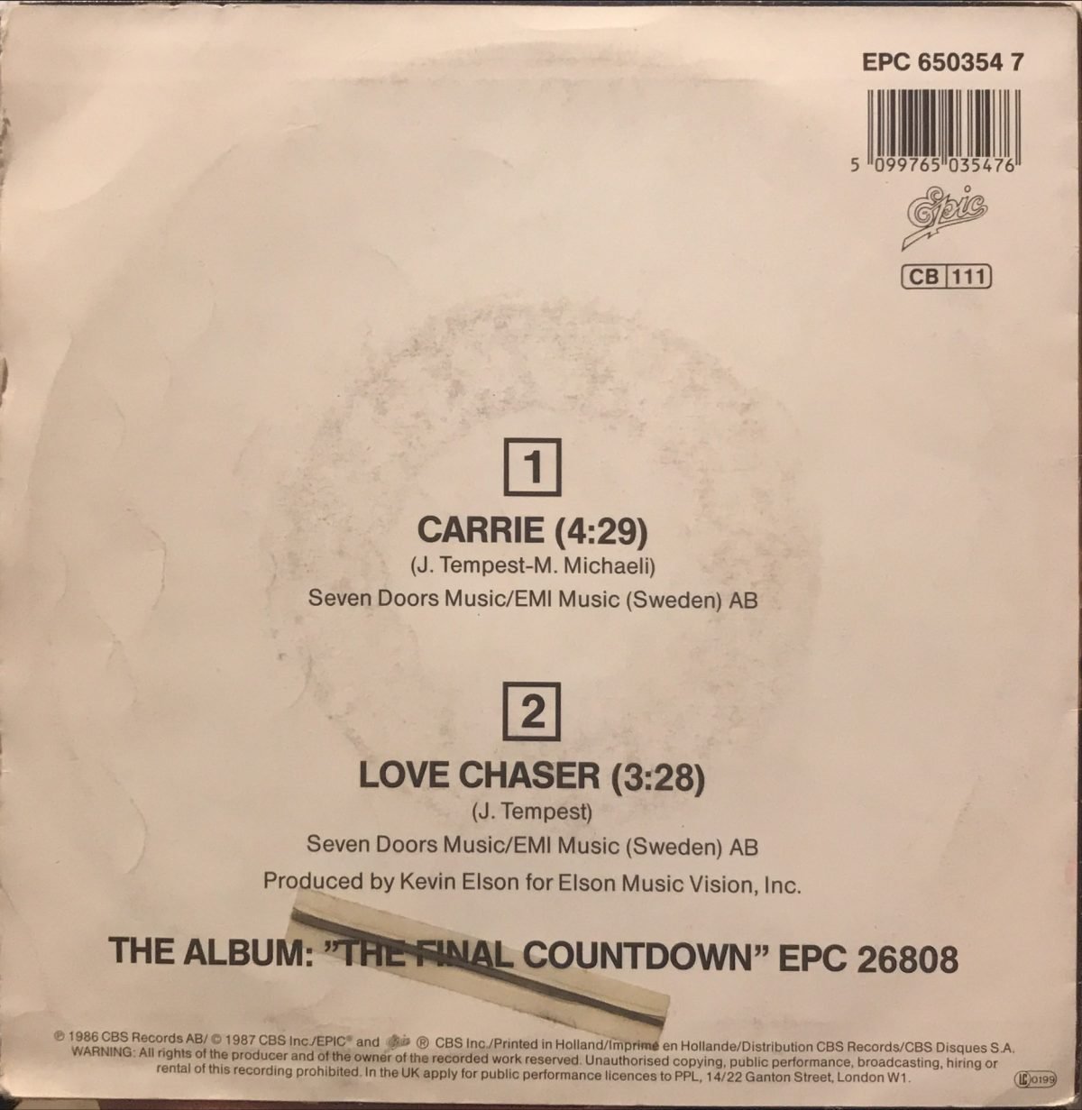 Europe ‎– Carrie 45lik Plak - Görsel 2