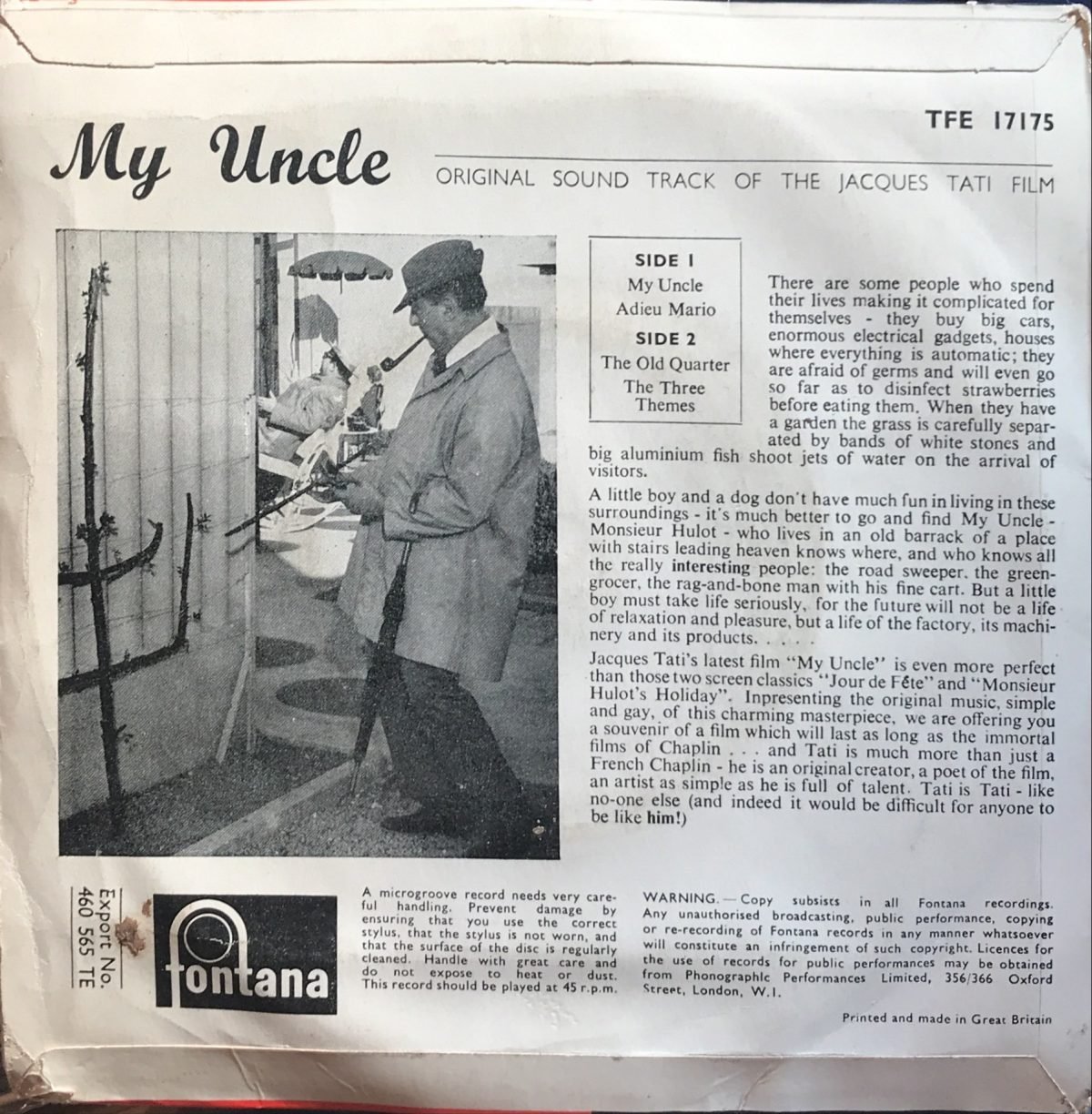 Franck Barcellini & Alain Romans ‎– Original Soundtrack Of The Jacques Tati Film “My Uncle” 45lik Plak EP - Görsel 2