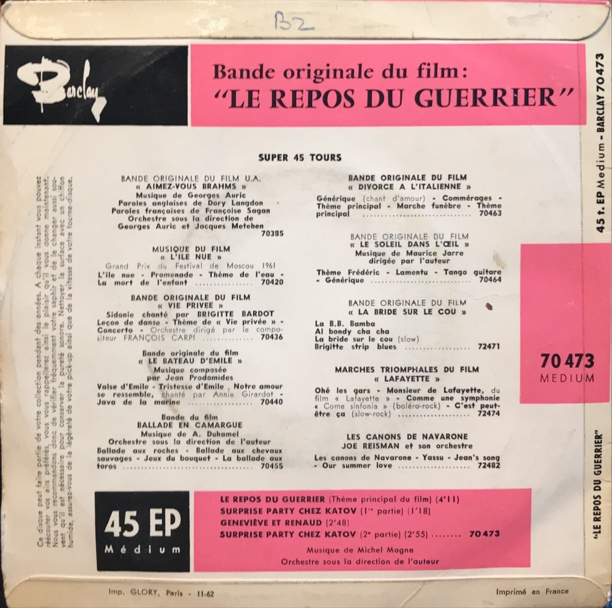Michel Magne ‎– Le Repos Du Guerrier (Bande Originale Du Film De Vadim) 45lik EP - Görsel 2