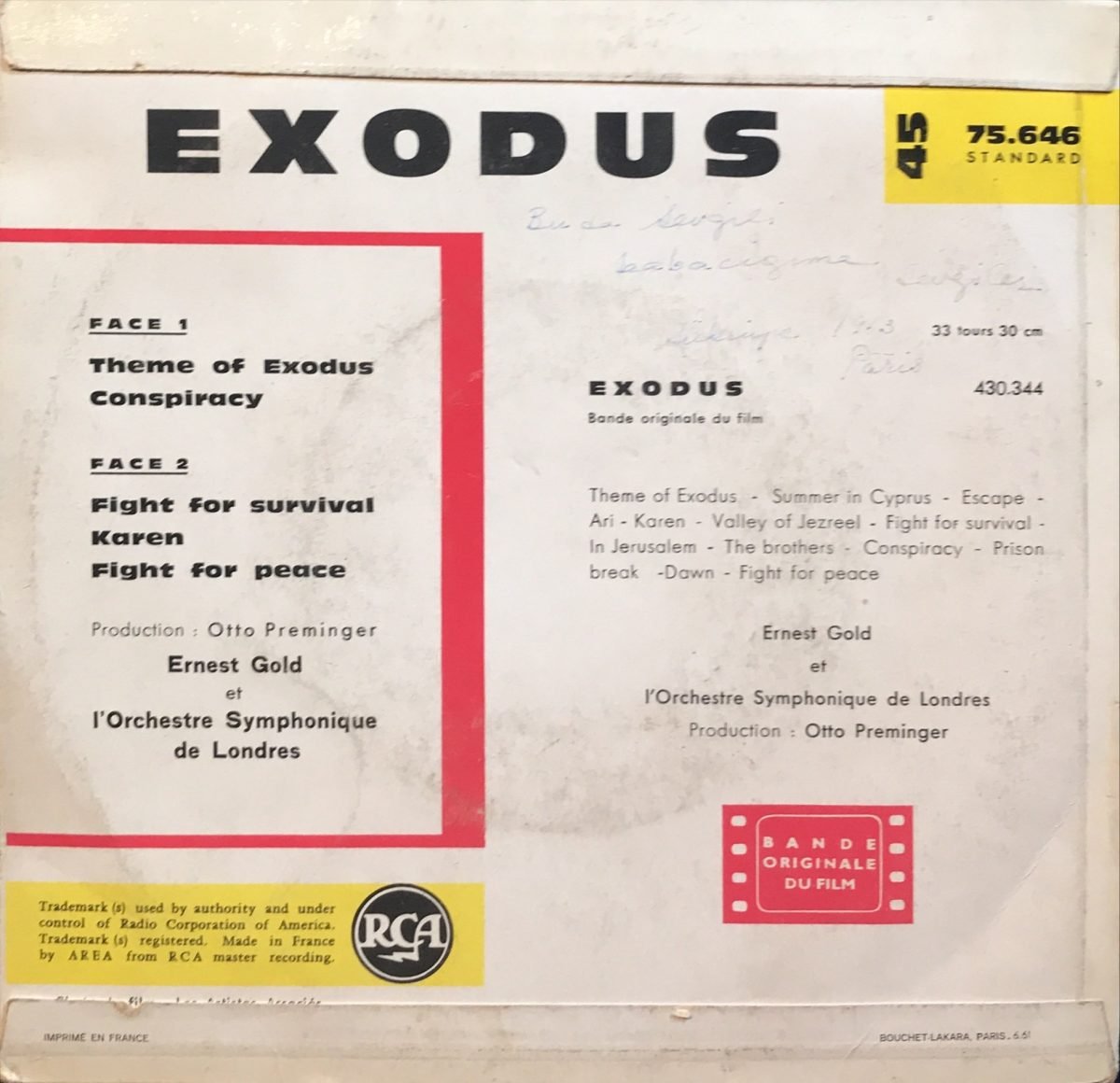Ernest Gold ‎– Exodus Bande Originale Du Film De Otto Preminger 45lik Plak EP - Görsel 2