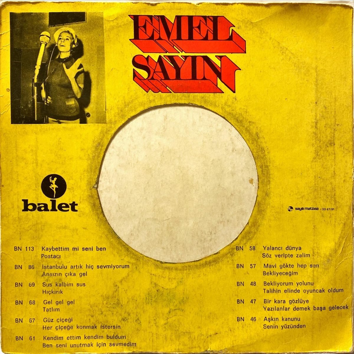 Emel Sayın ‎– Bir Kara Gözlüye 45'lik Plak - Görsel 2