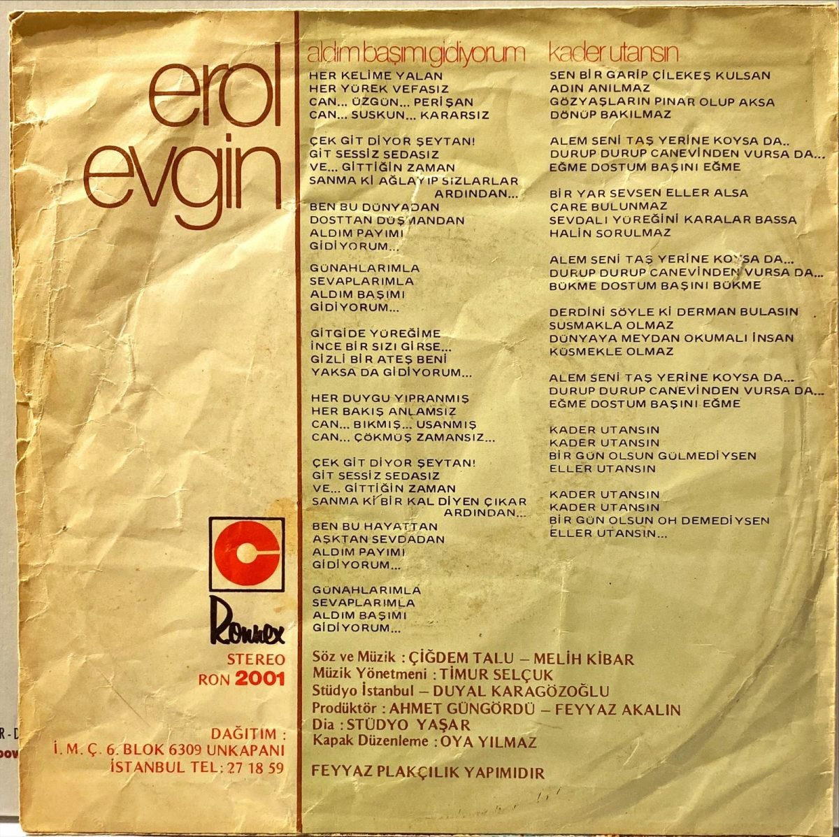 Erol Evgin ‎– Aldım Başımı Gidiyorum / Kader Utansın 45'lik Plak - Görsel 2