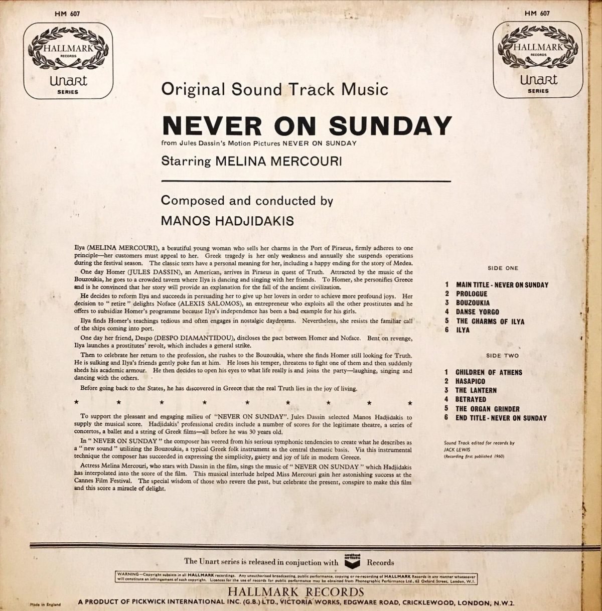 Manos Hadjidakis ‎– Never On Sunday (Original Sound Track Music) LP Plak - Görsel 2