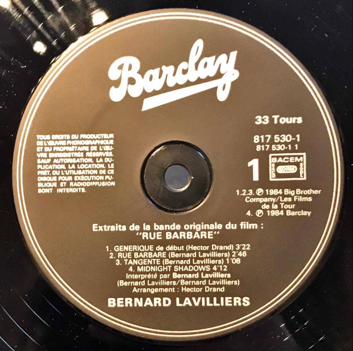 Bernard Lavilliers ‎– Rue Barbare (Extraits De La Bande Originale Du Film Et "Midnight Shadows") LP Plak - Görsel 2