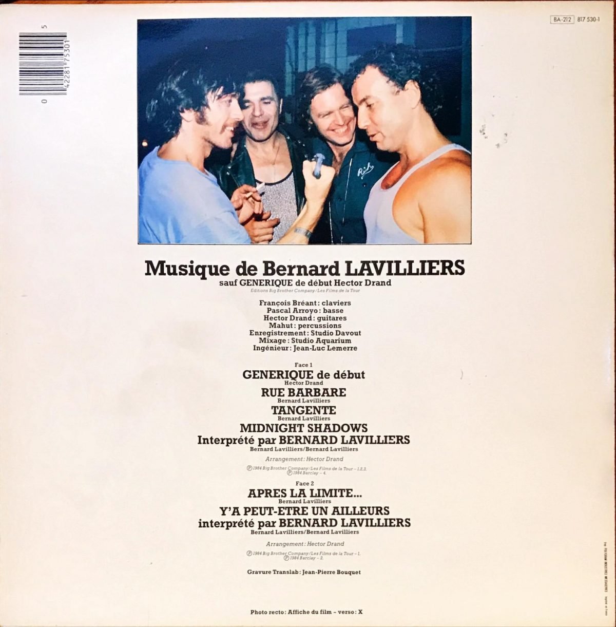 Bernard Lavilliers ‎– Rue Barbare (Extraits De La Bande Originale Du Film Et "Midnight Shadows") LP Plak - Görsel 3