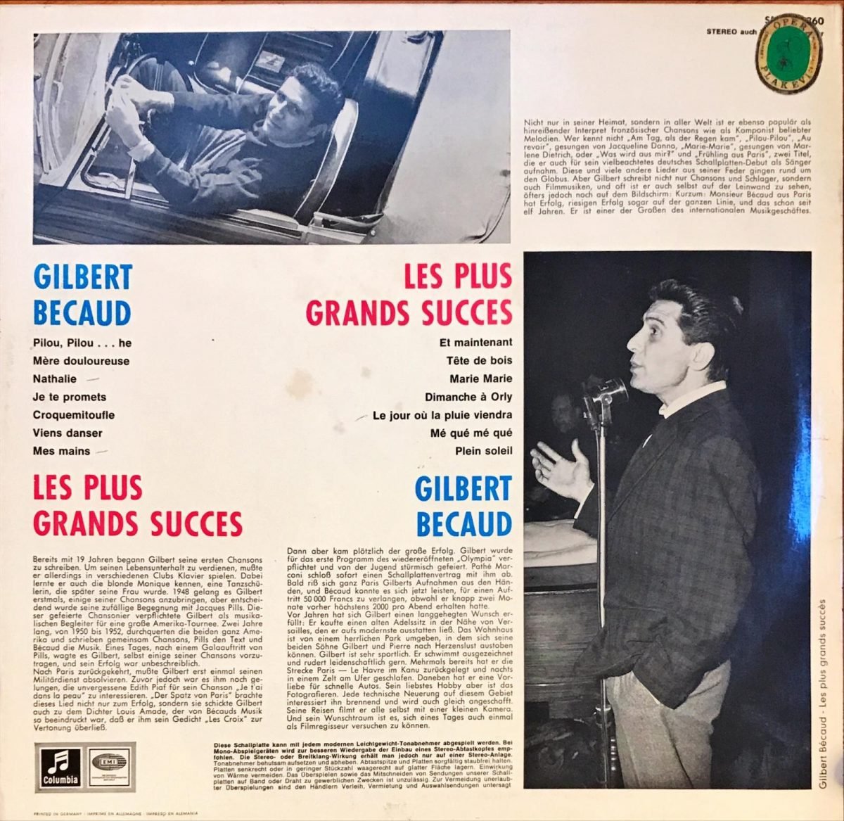 Gilbert Bécaud ‎– Les Plus Grand Succes LP Plak - Görsel 2