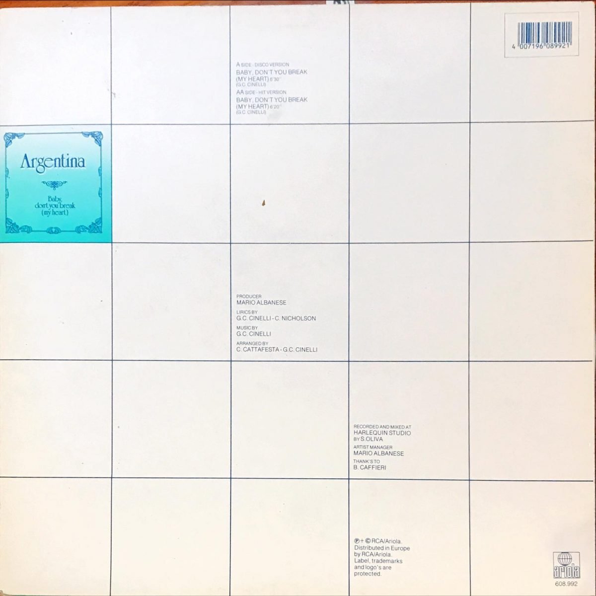 Argentina ‎– Baby Don't You Break (My Heart) Maxi Single Plak - Görsel 3