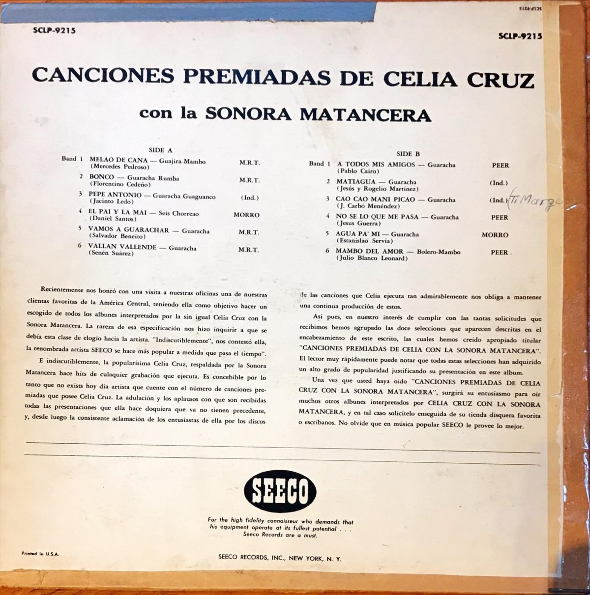 Celia Cruz ‎– Canciones Premiadas LP Plak - Görsel 2