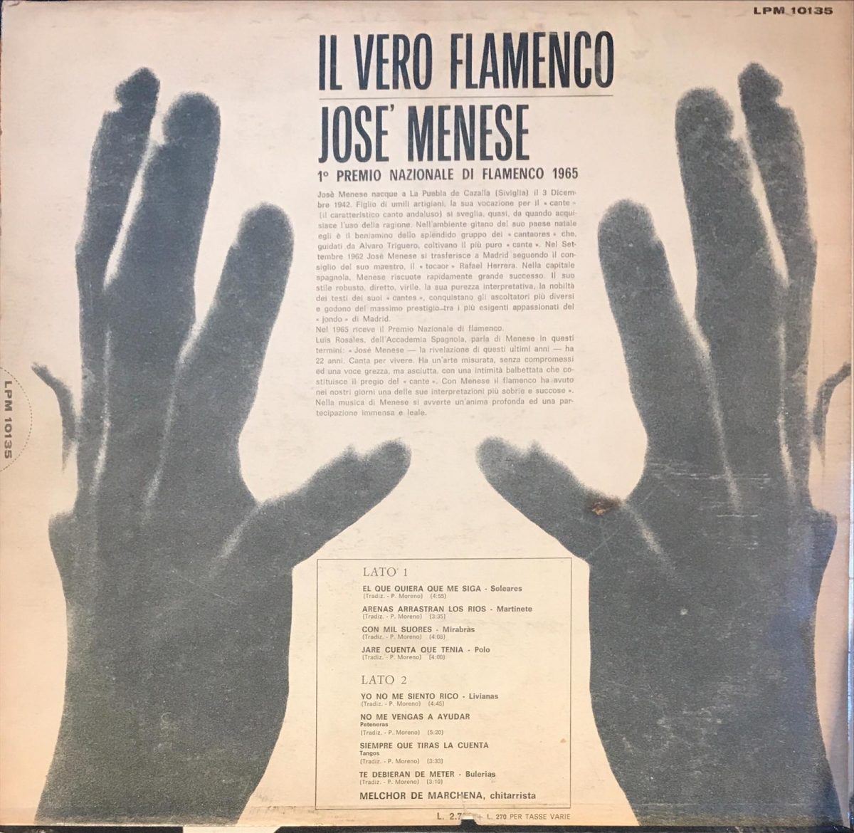 Jose Menese ‎– Il Vero Flamenco LP Plak - Görsel 2