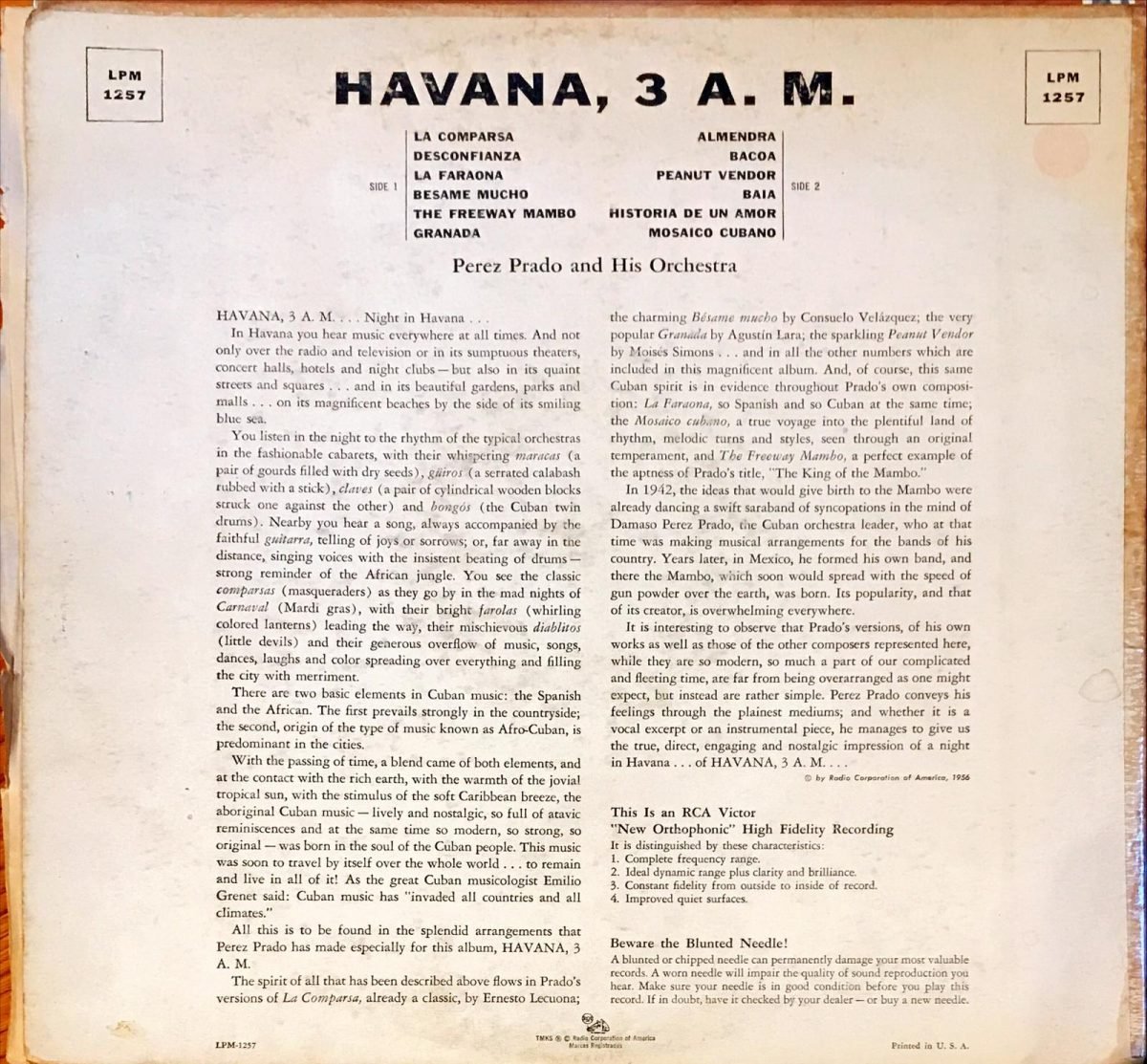 Perez Prado And His Orchestra ‎– Havana, 3 A.M. LP Plak - Görsel 2