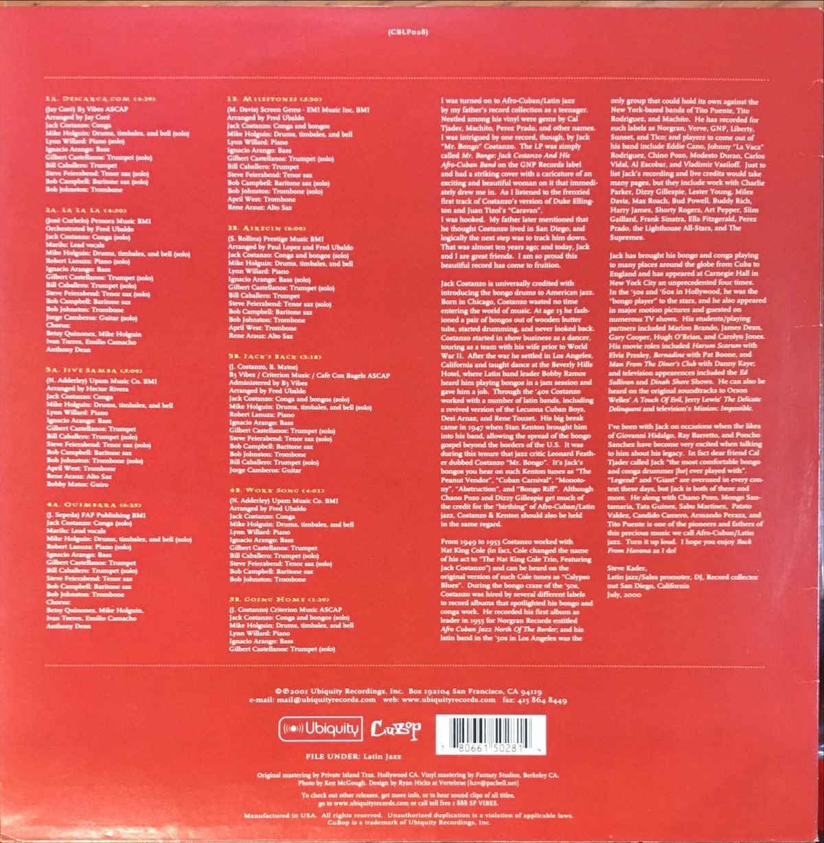 Jack Costanzo ‎– Back From Havana  LP Plak - Görsel 3