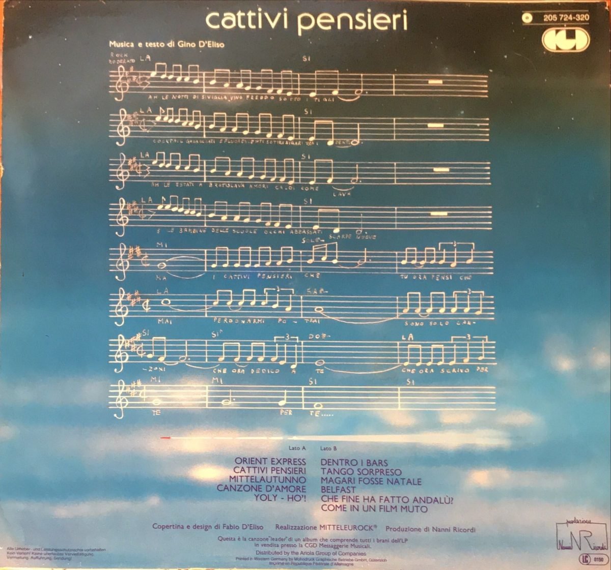 Gino D'Eliso ‎– Cattivi Pensieri LP Plak - Görsel 2