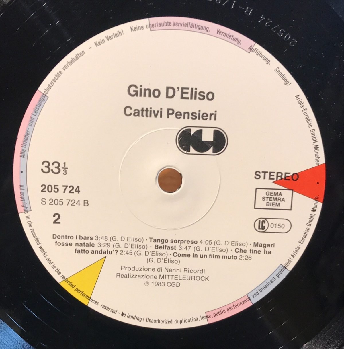 Gino D'Eliso ‎– Cattivi Pensieri LP Plak - Görsel 3