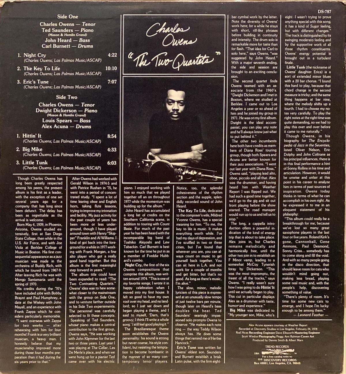 Charles Owens ‎– The Two Quartets LP Plak - Görsel 2