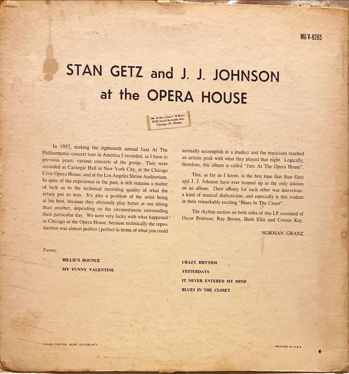 Stan Getz And J.J. Johnson ‎– At The Opera House LP Plak - Görsel 4
