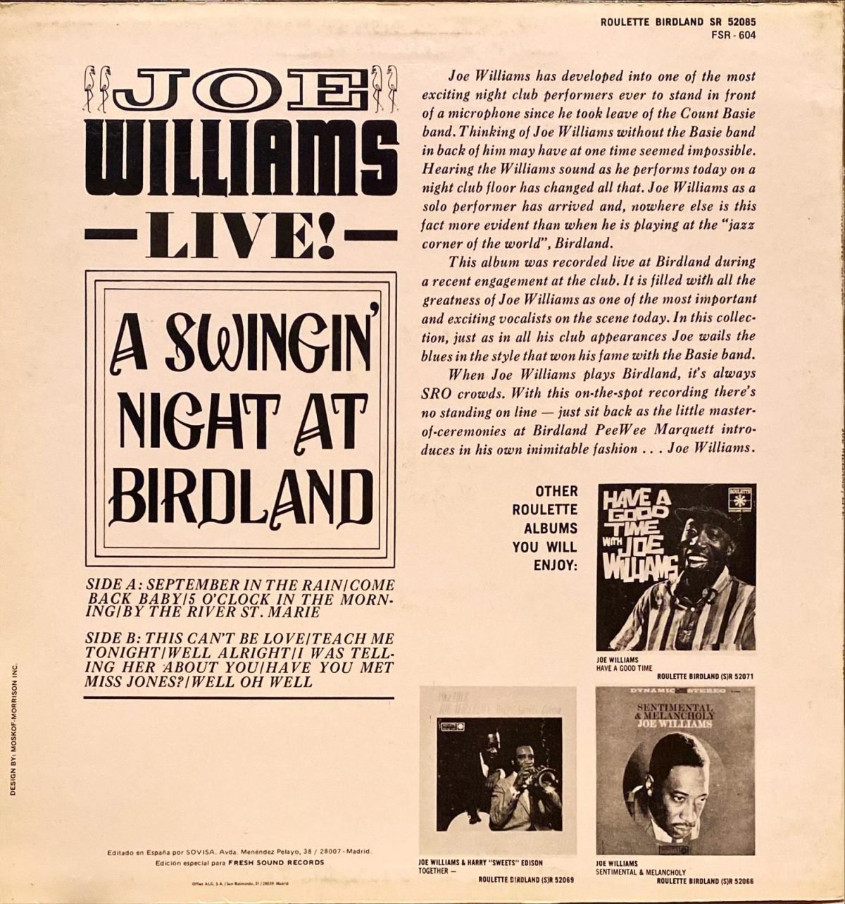Joe Williams ‎– A Swingin' Night At Birdland LP Plak - Görsel 2