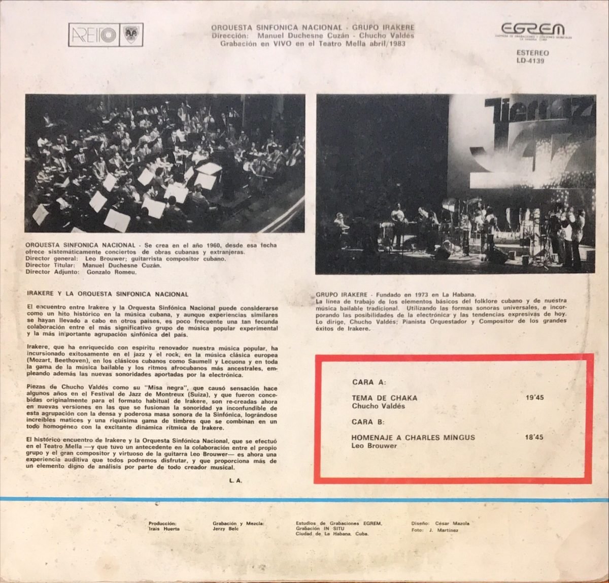 Irakere ‎– Orquesta Sinfonica Nacional LP Plak - Görsel 2