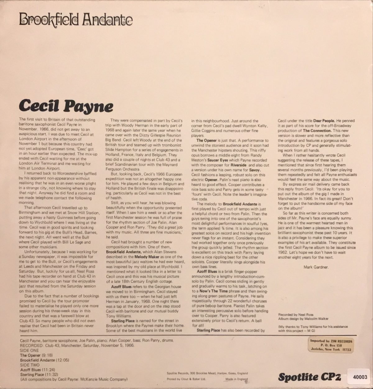 Cecil Payne ‎– Brookfield Andante LP Plak - Görsel 2