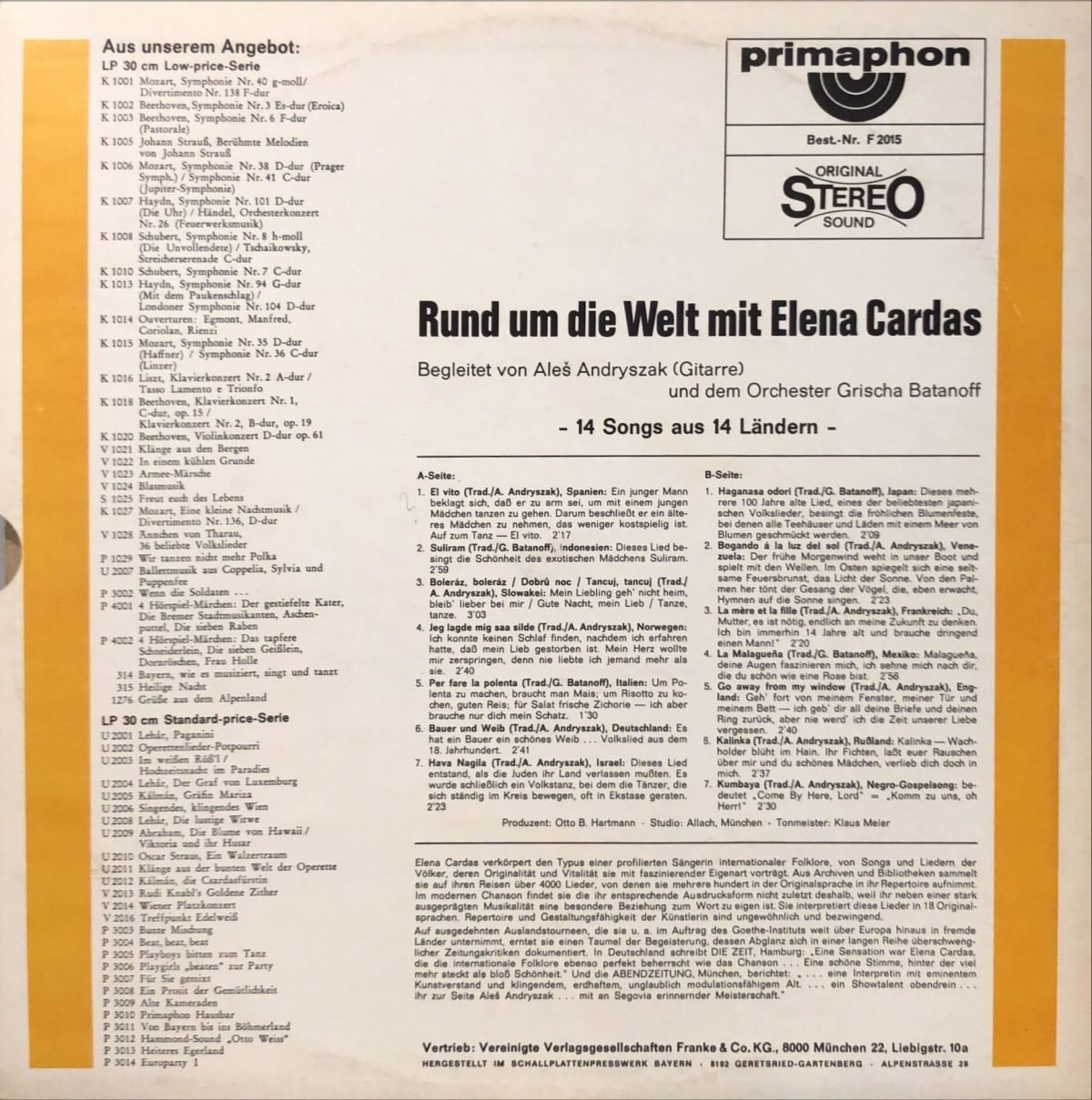 Elena Cardas ‎– Rund Um Die Welt Mit Elena Cardas LP Plak - Görsel 2