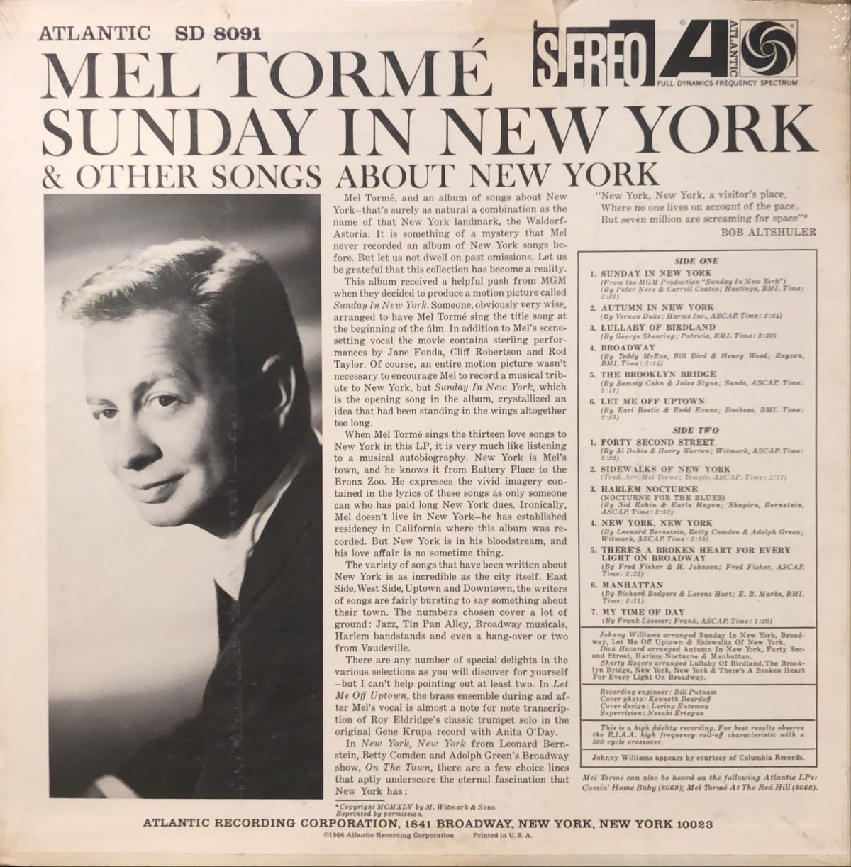 Mel Tormé ‎– Sings Sunday In New York And Other Songs About New York  LP Plak - Görsel 2