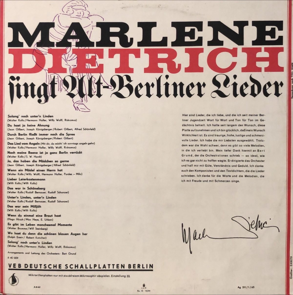 Marlene Dietrich ‎– Marlene Dietrich Singt Alt-Berliner Lieder  LP Plak - Görsel 2