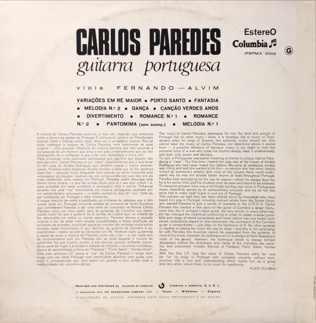Carlos Paredes ‎– Guitarra Portuguesa LP Plak - Görsel 3