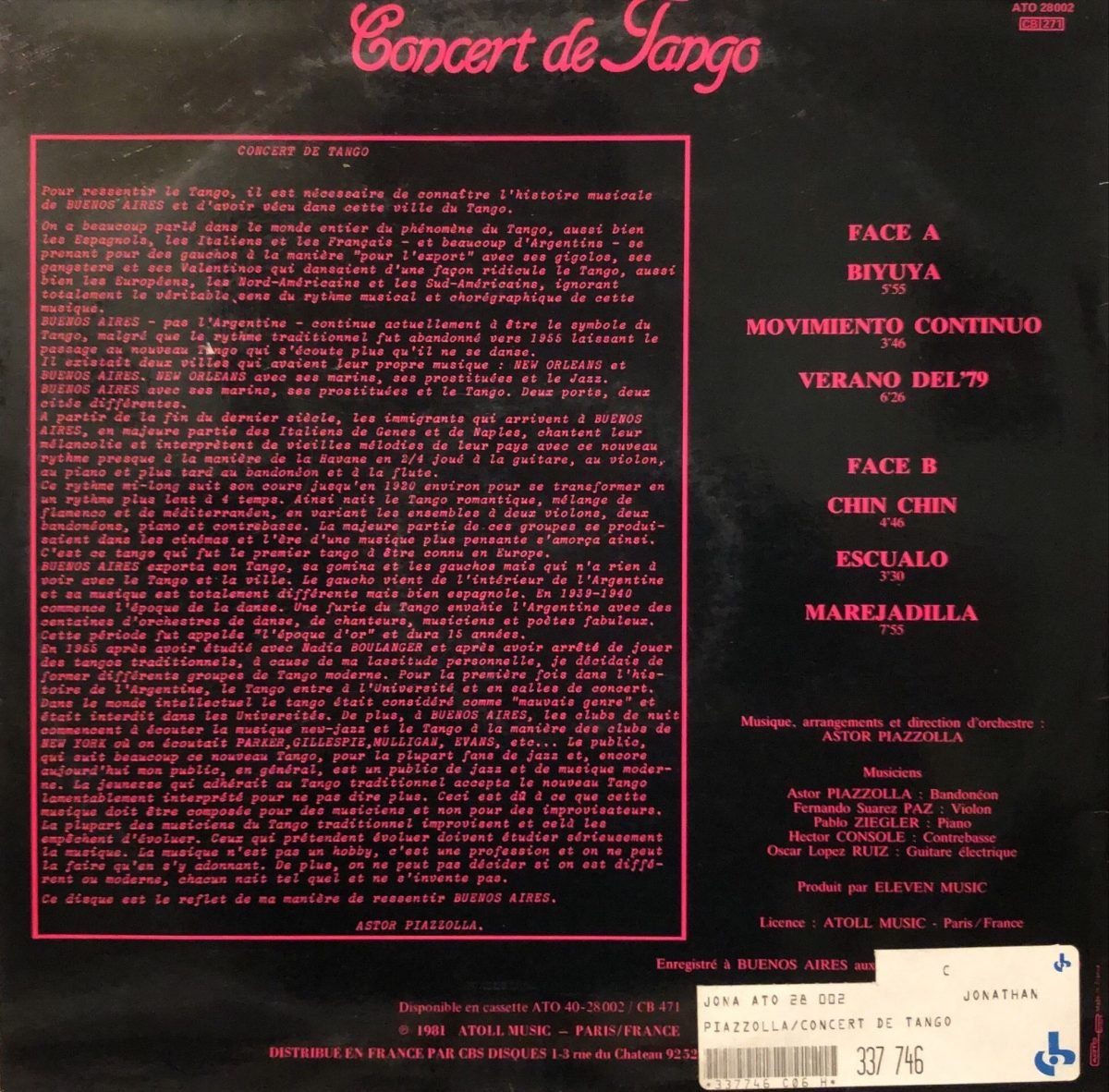 Astor Piazzolla Et Son Quintet ‎– Concert De Tango LP Plak - Görsel 2