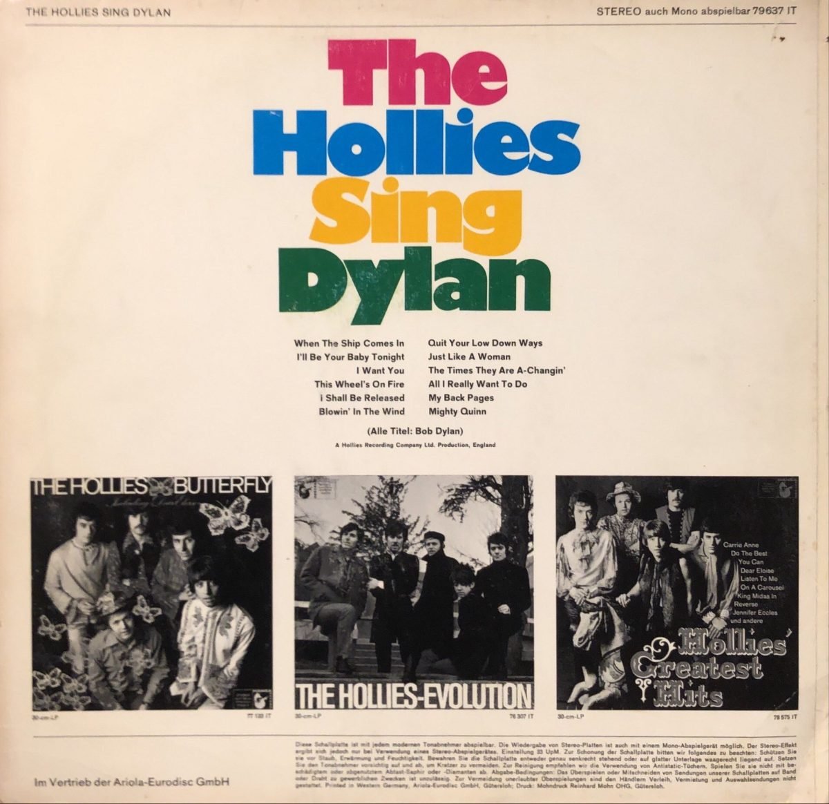 The Hollies ‎– The Hollies Sing Dylan LP Plak - Görsel 2