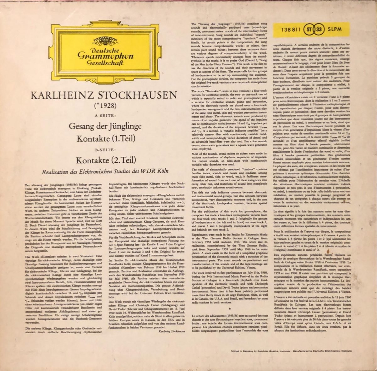 Stockhausen ‎– Song Of The Youths / Contact LP Plak - Görsel 2