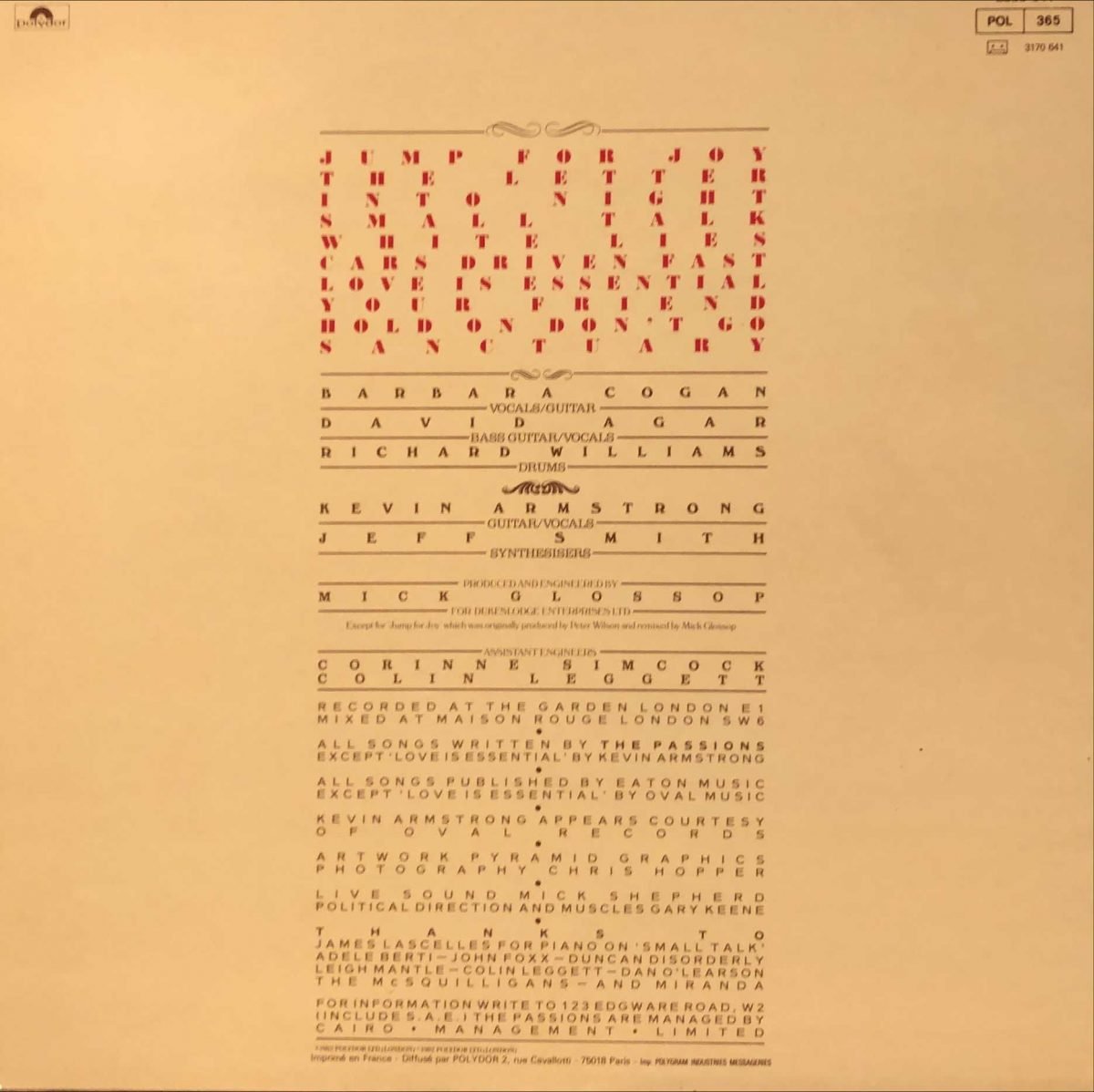 The Passions ‎– Sanctuary LP Plak - Görsel 3
