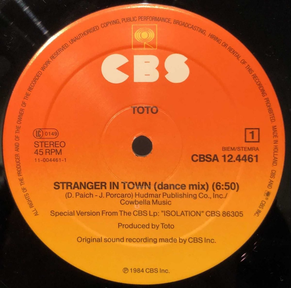 Toto ‎– Stranger In Town (Dance Mix) Maxi Single Plak - Görsel 2