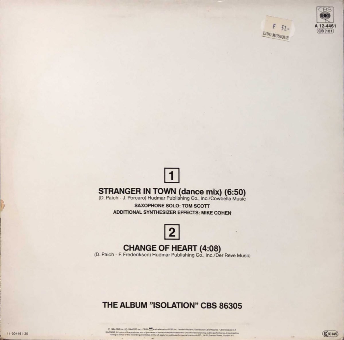 Toto ‎– Stranger In Town (Dance Mix) Maxi Single Plak - Görsel 3