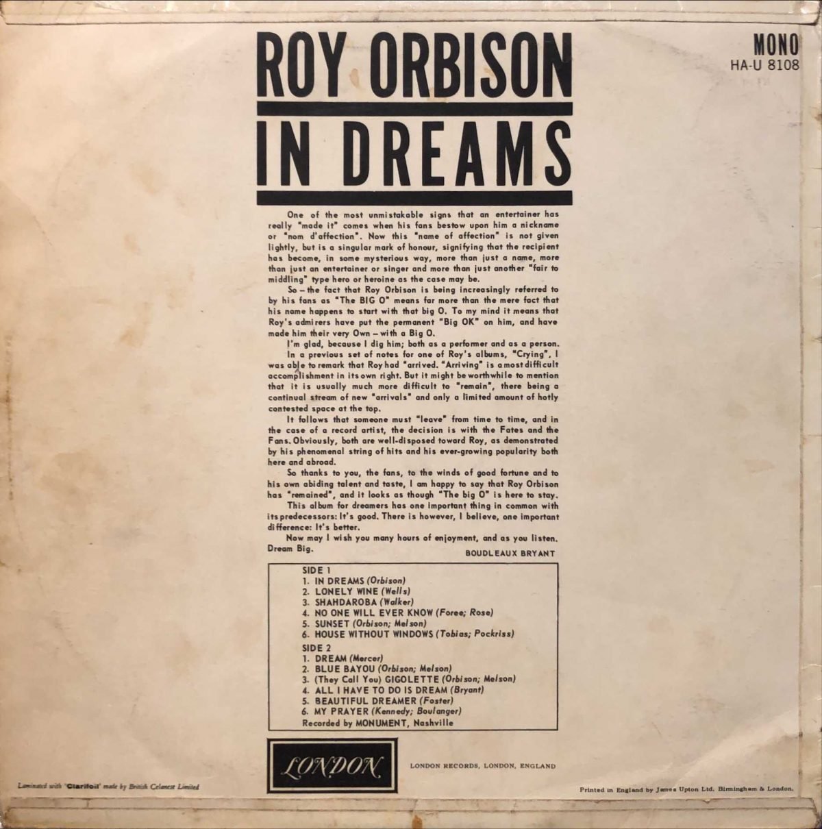 Roy Orbison ‎– In Dreams LP Plak - Görsel 2