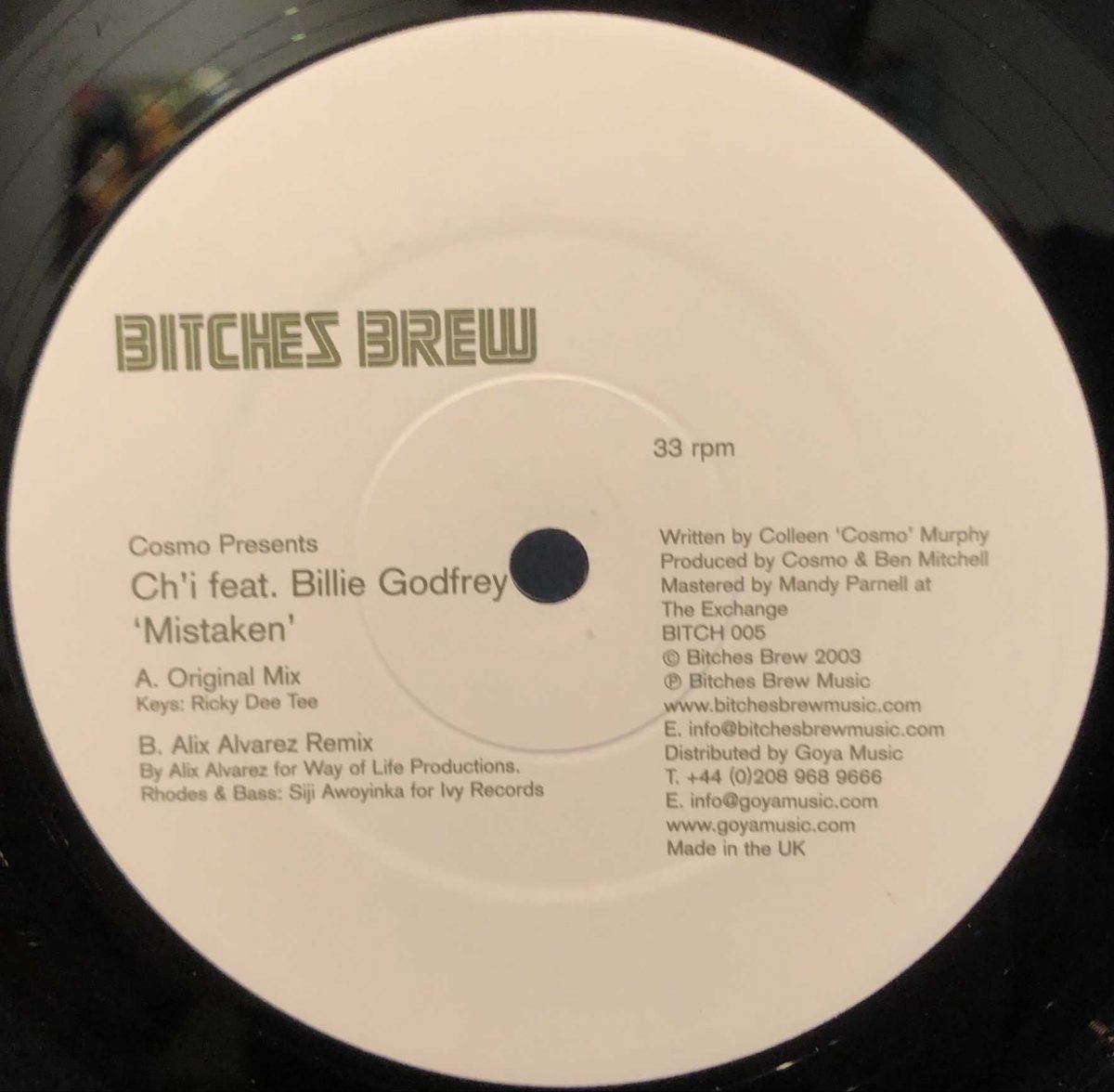 Cosmo Presents Ch'i Featuring Billie Godfrey ‎– Mistaken 12” Maxi Single Plak - Görsel 2
