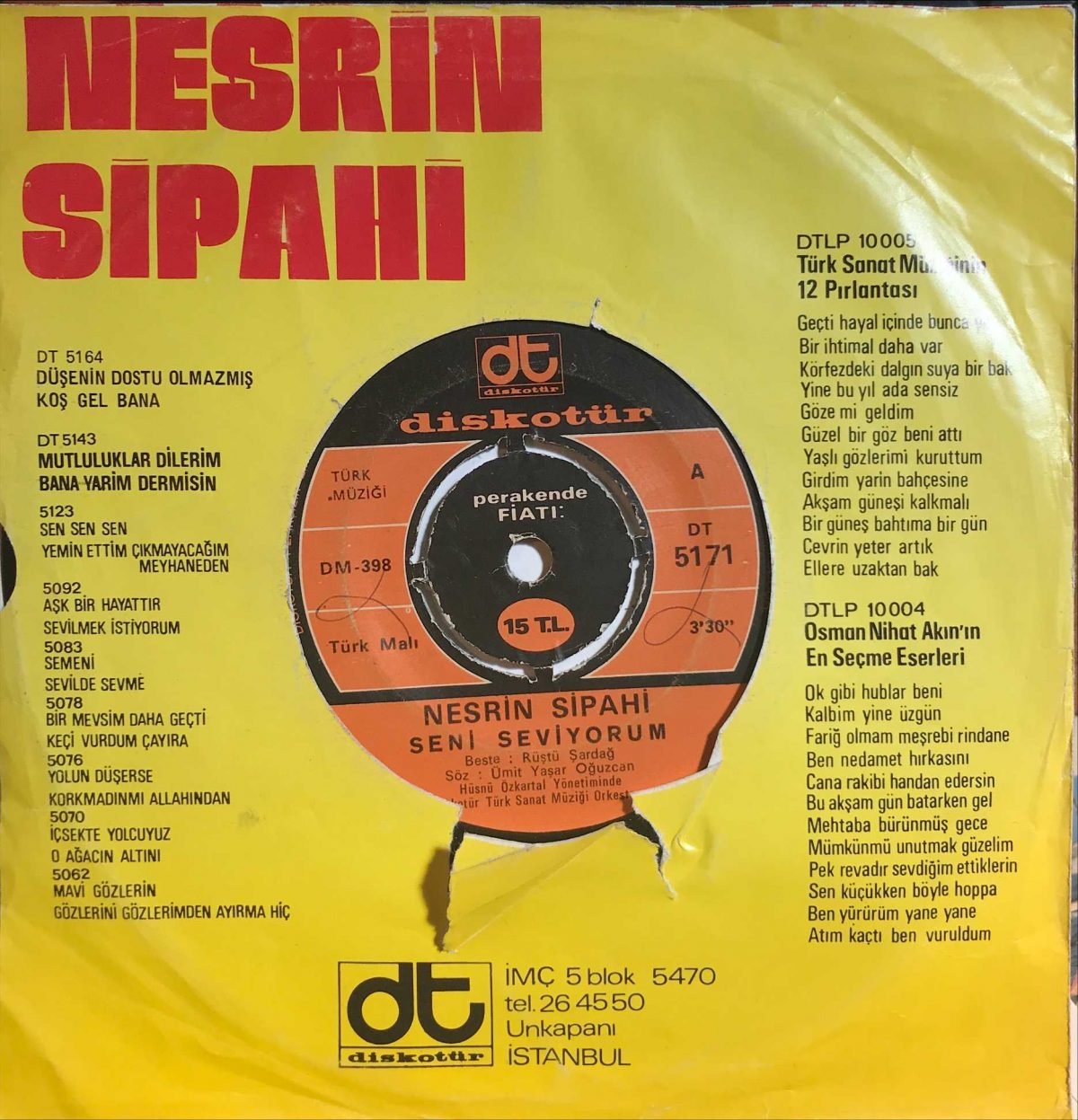 Nesrin Sipahi ‎– Seni Seviyorum / Islak Daha Islak Öp Beni 45lik Plak - Görsel 2