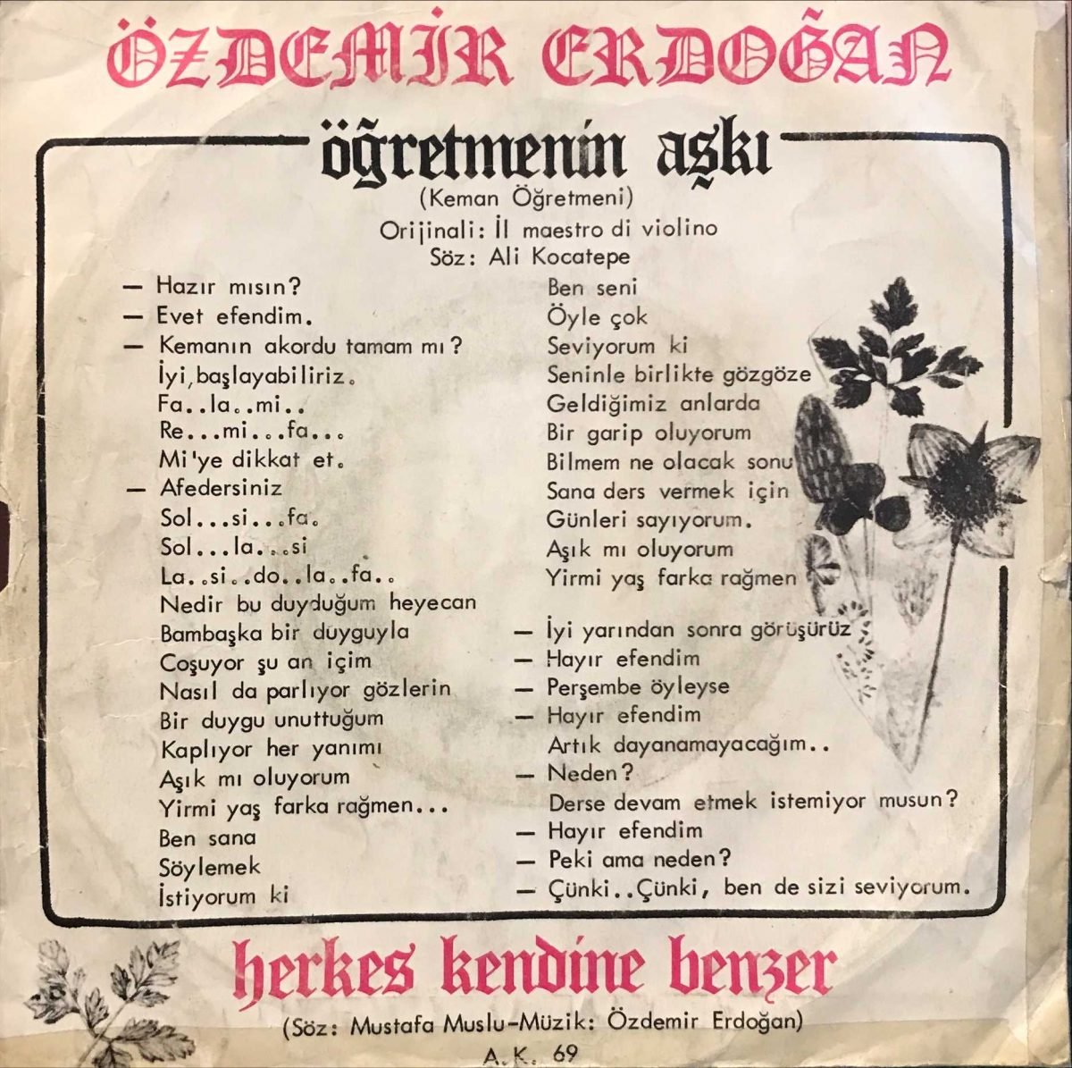Özdemir Erdoğan ‎– Öğretmenin Aşkı (Keman Öğretmeni) 45lik Plak - Görsel 2