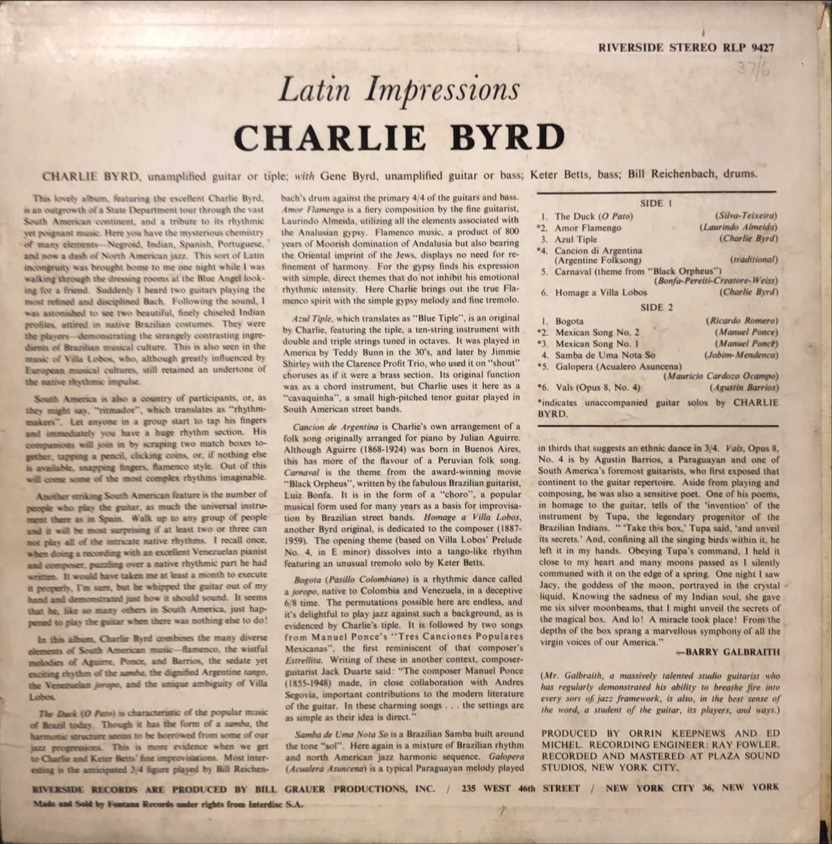 Charlie Byrd ‎– Latin Impressions LP Plak - Görsel 2