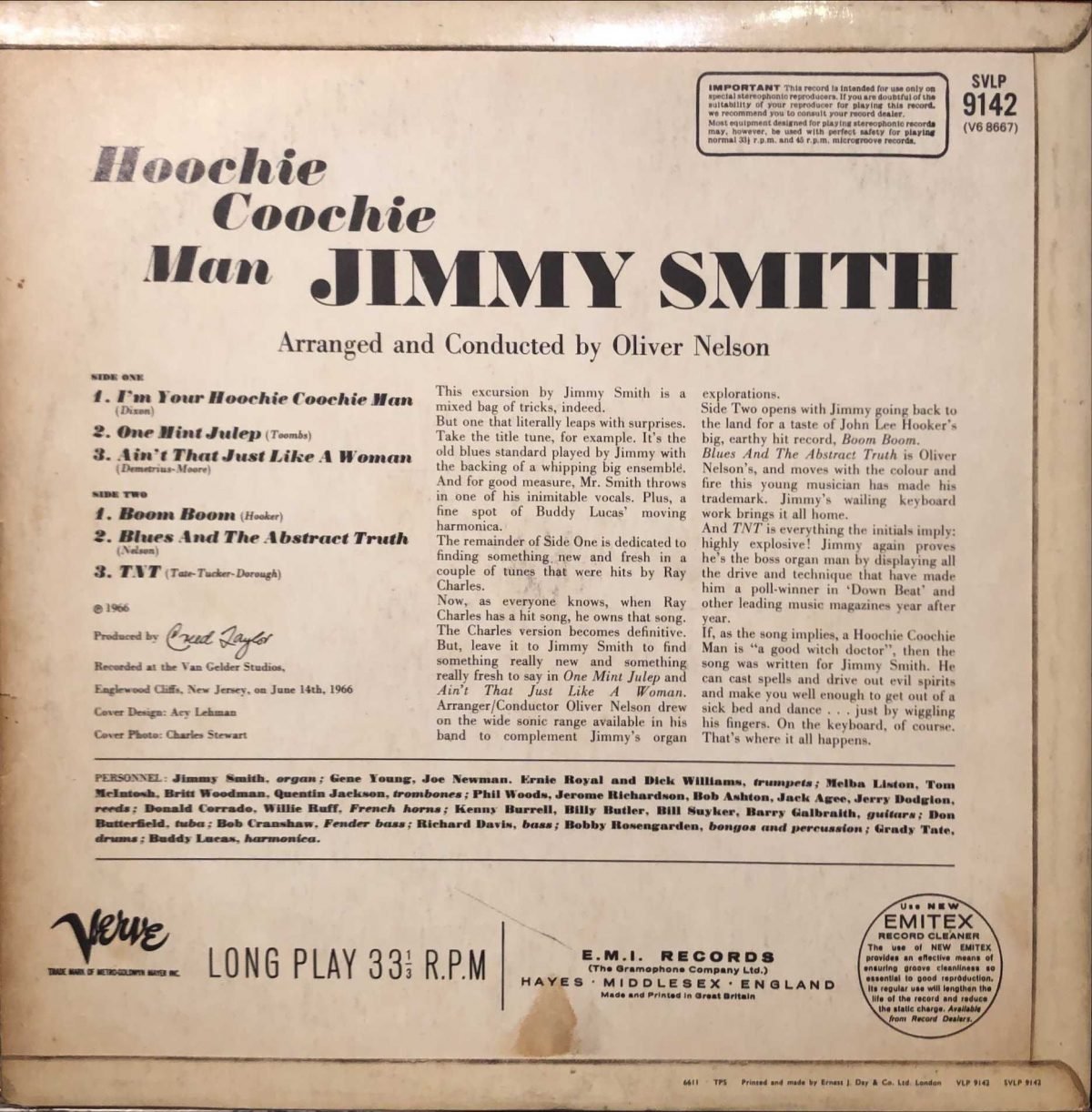Jimmy Smith Arranged And Conducted By Oliver Nelson ‎– Hoochie Cooche Man LP Plak - Görsel 3