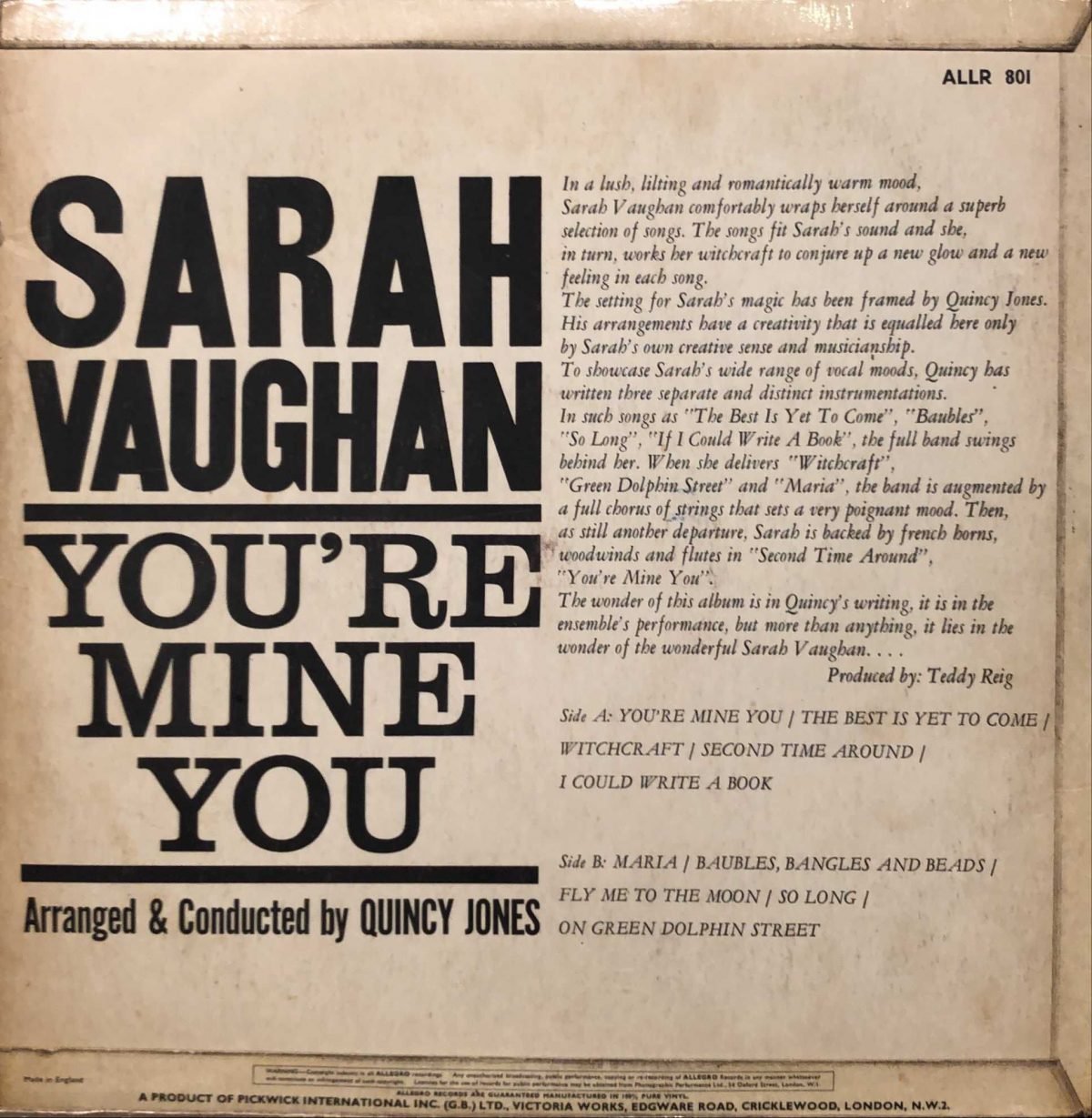 Sarah Vaughan ‎– You're Mine You LP Plak - Görsel 3