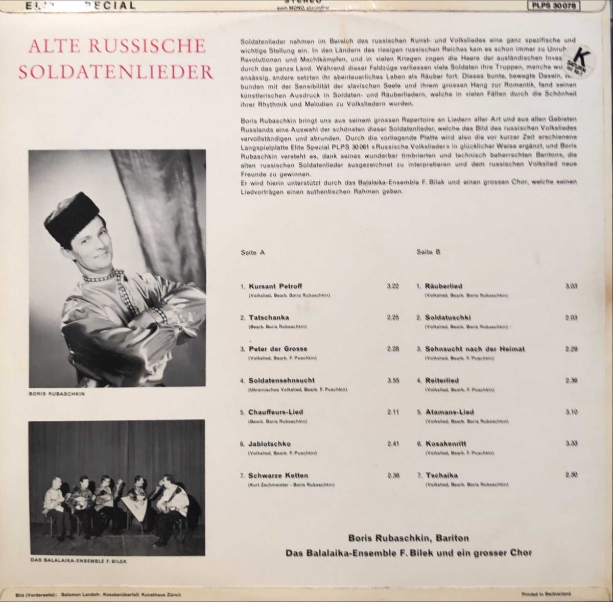 Boris Rubaschkin,DasBalalaika-Ensemble F. Bilek Und Ein Grosser Chor ‎– Alte Russische Soldatenlieder LP Plak - Görsel 3