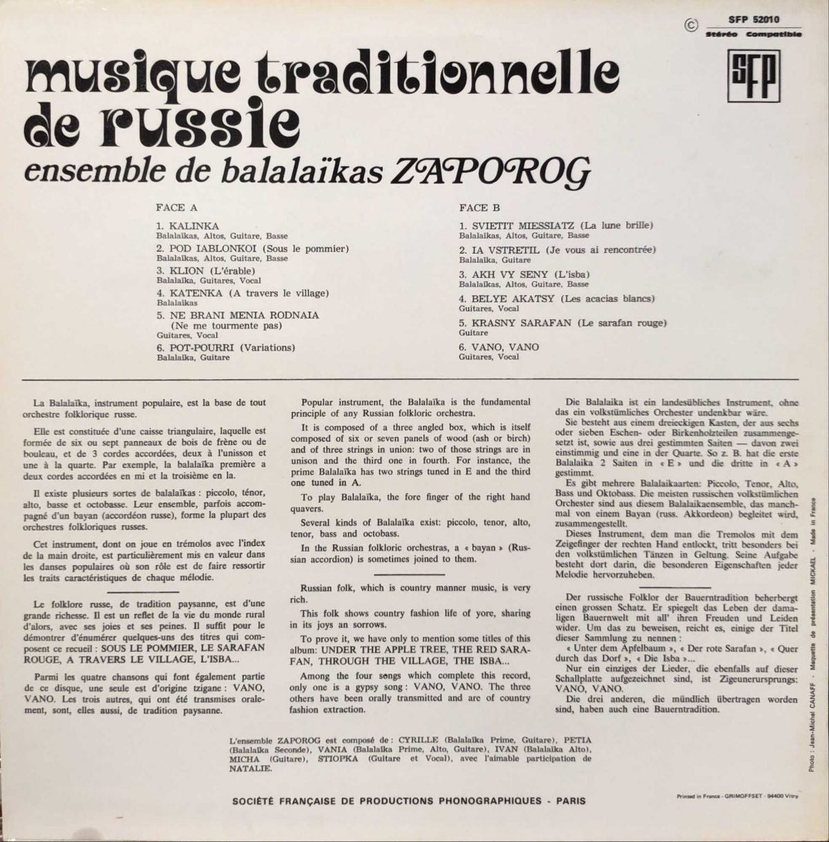 Ensemble De Balalaïkas ZAPOROG ‎– Musique Traditionnelle De Russie LP Plak - Görsel 2