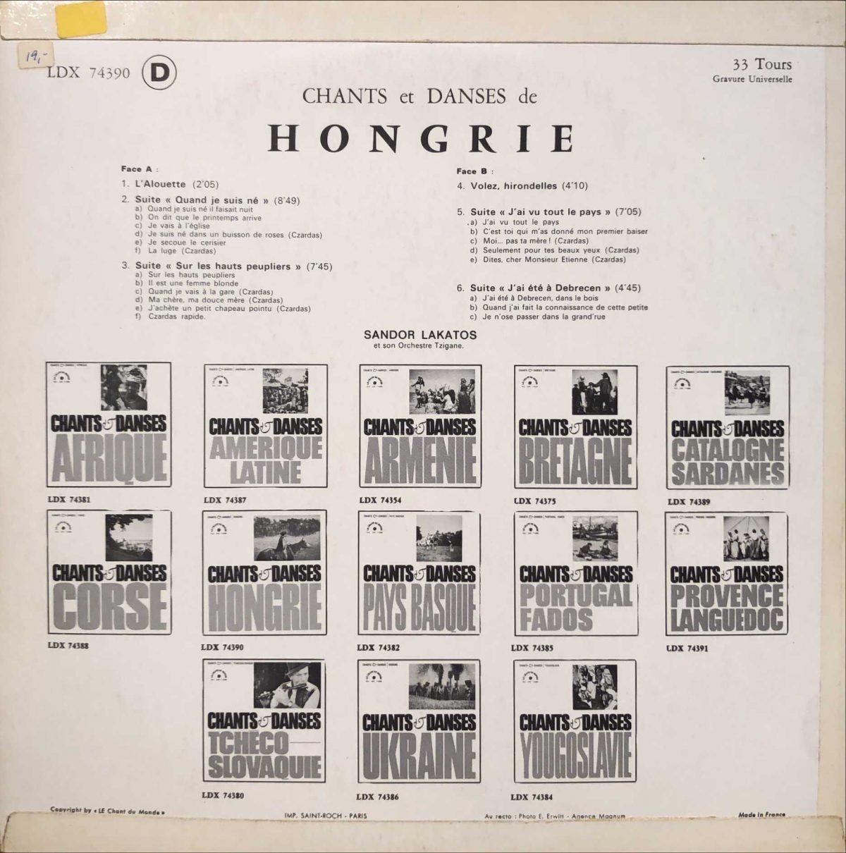 Sandor Lakatos Et Son Orchestre Tzigane ‎– Chants Et Danses De Hongrie LP Plak - Görsel 2
